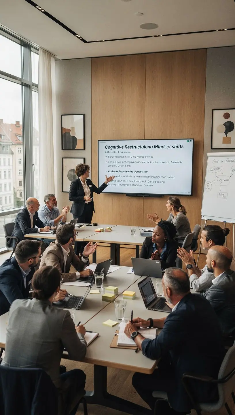 Ein Bild eines Trainers, der eine Präsentation über Coaching-Techniken vor einem interessierten Publikum hält.