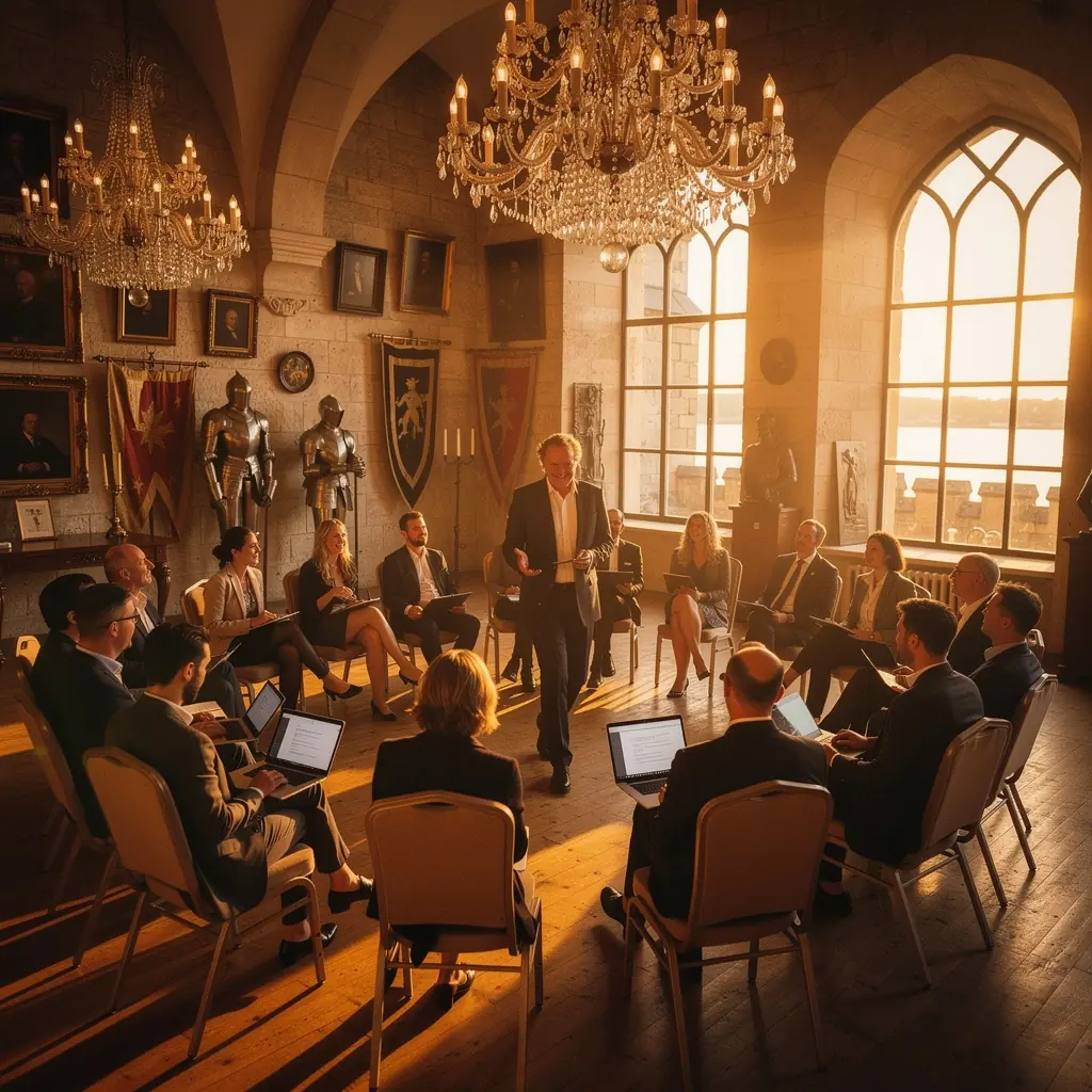 Ein Bild eines Trainers, der eine Präsentation über Coaching-Techniken vor einem interessierten Publikum hält.