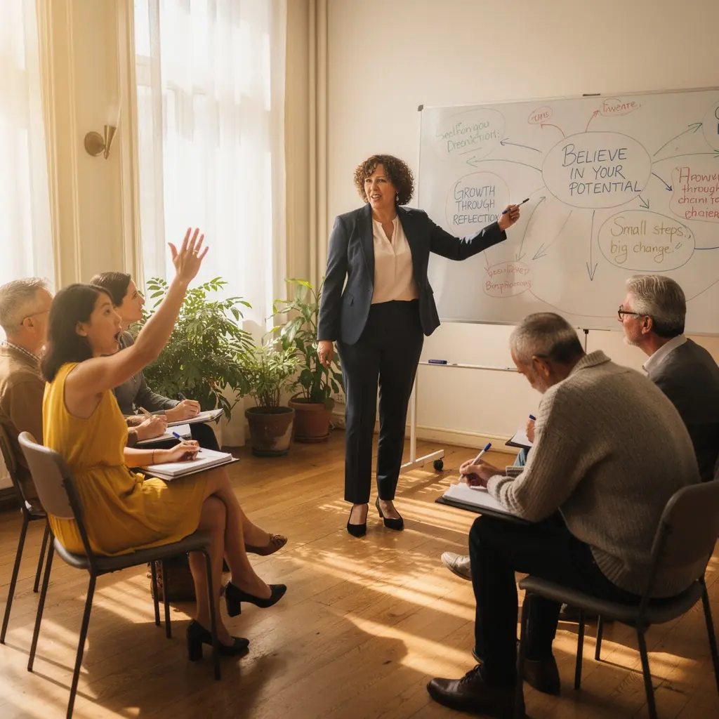 Ein Gruppenfoto von Coaches, die während einer Schulung zusammenarbeiten und sich austauschen.